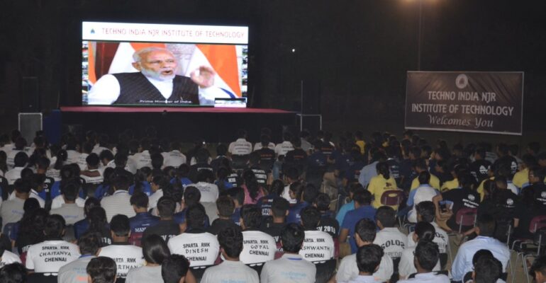 Hon’ble PM Sh. Narendra Modi addresses students through live VC at Techno NJR campus